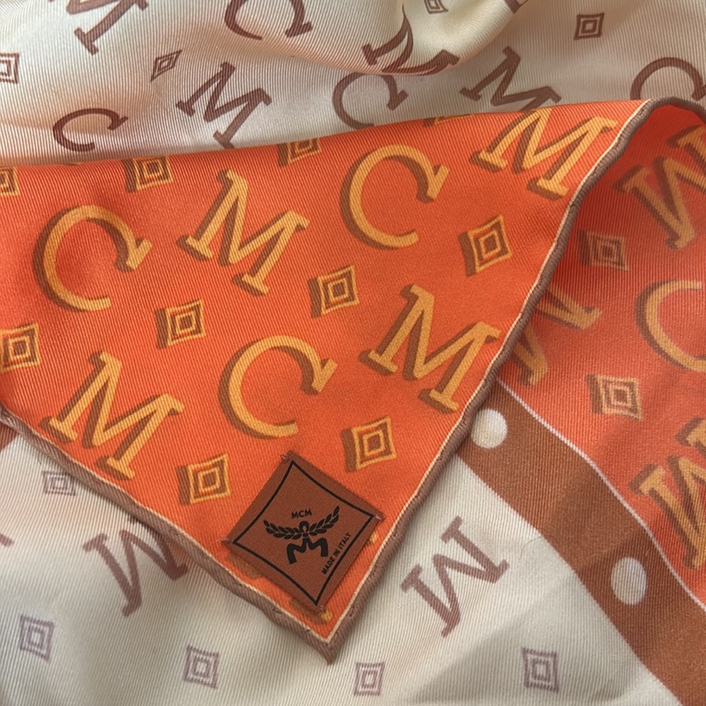 MCM Cream and Orange Logo Silk Scarf - Picture 4 of 6